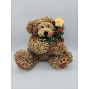 Holiday Stuffed Teddy Bear Holding Christmas Tree in Terracotta Pot Fluffy Bear